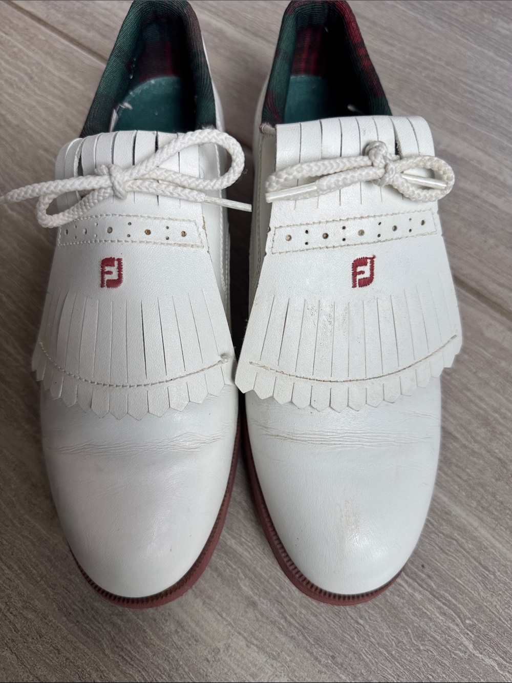FootJoy White Leather Kiltie Loafers with Red Logo